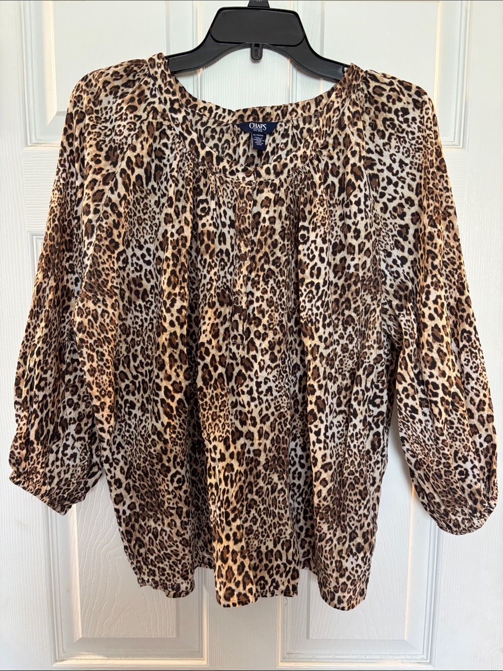 Chaps Leopard Print Peasant Blouse in Brown and Black